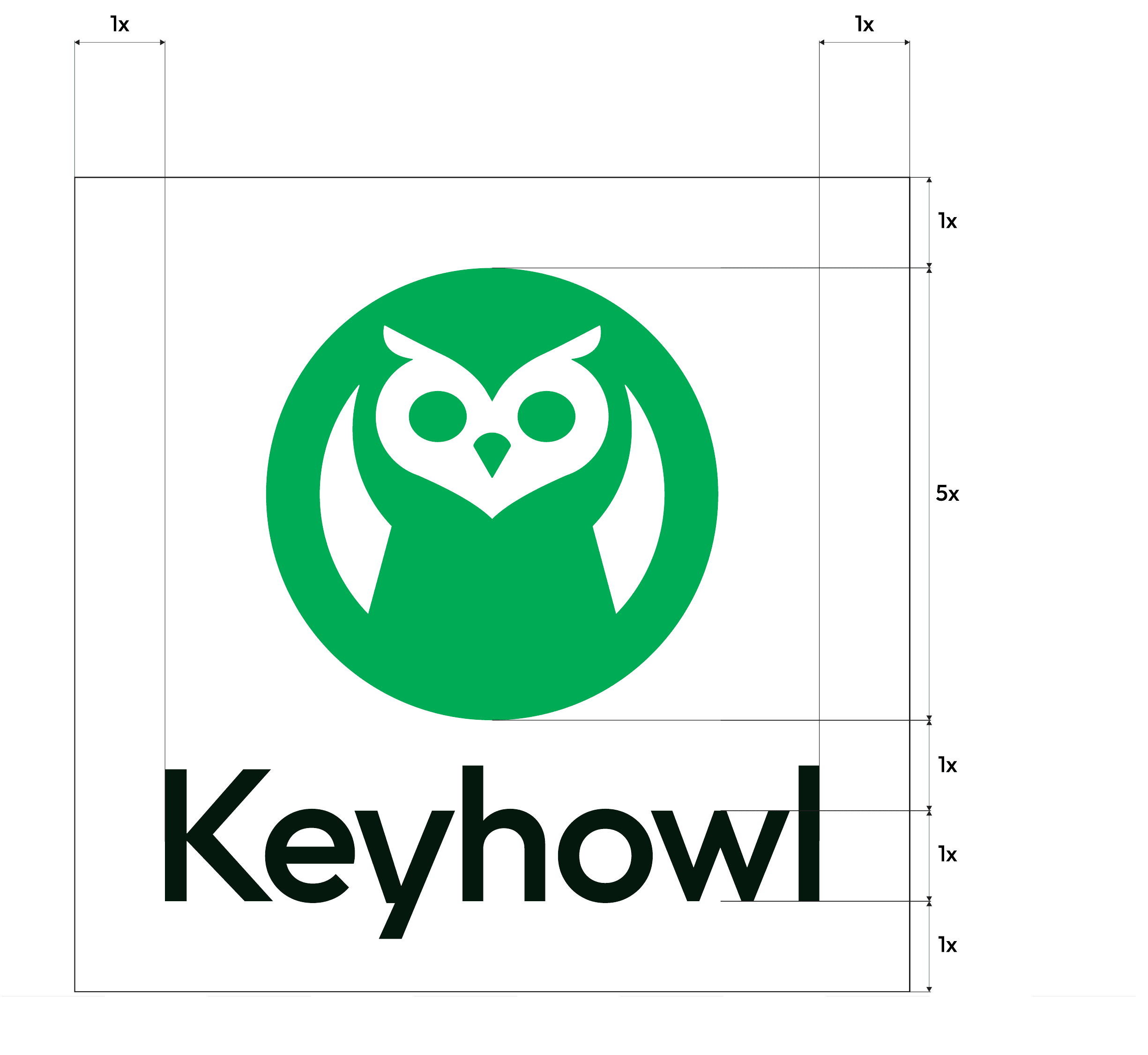 Vertical Keyhowl logo construction showing 1x clear space, a 5x owl mark, a 1x gap, and a 1x wordmark