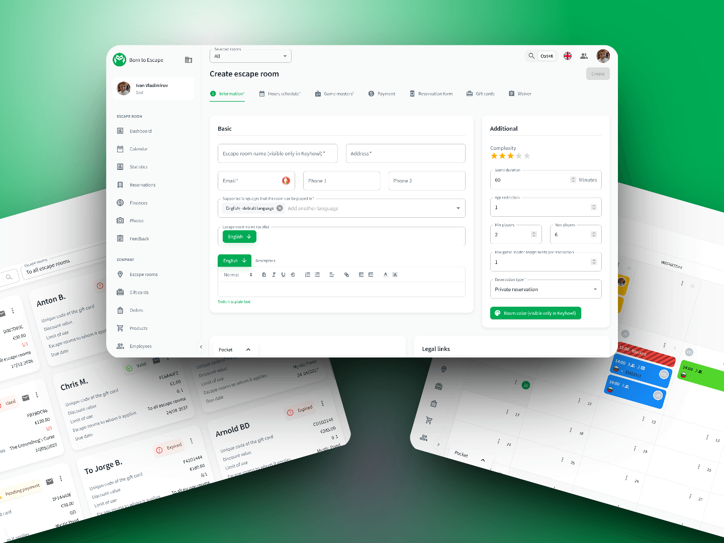 Keyhowl room setup, gift card and booking calendar screens